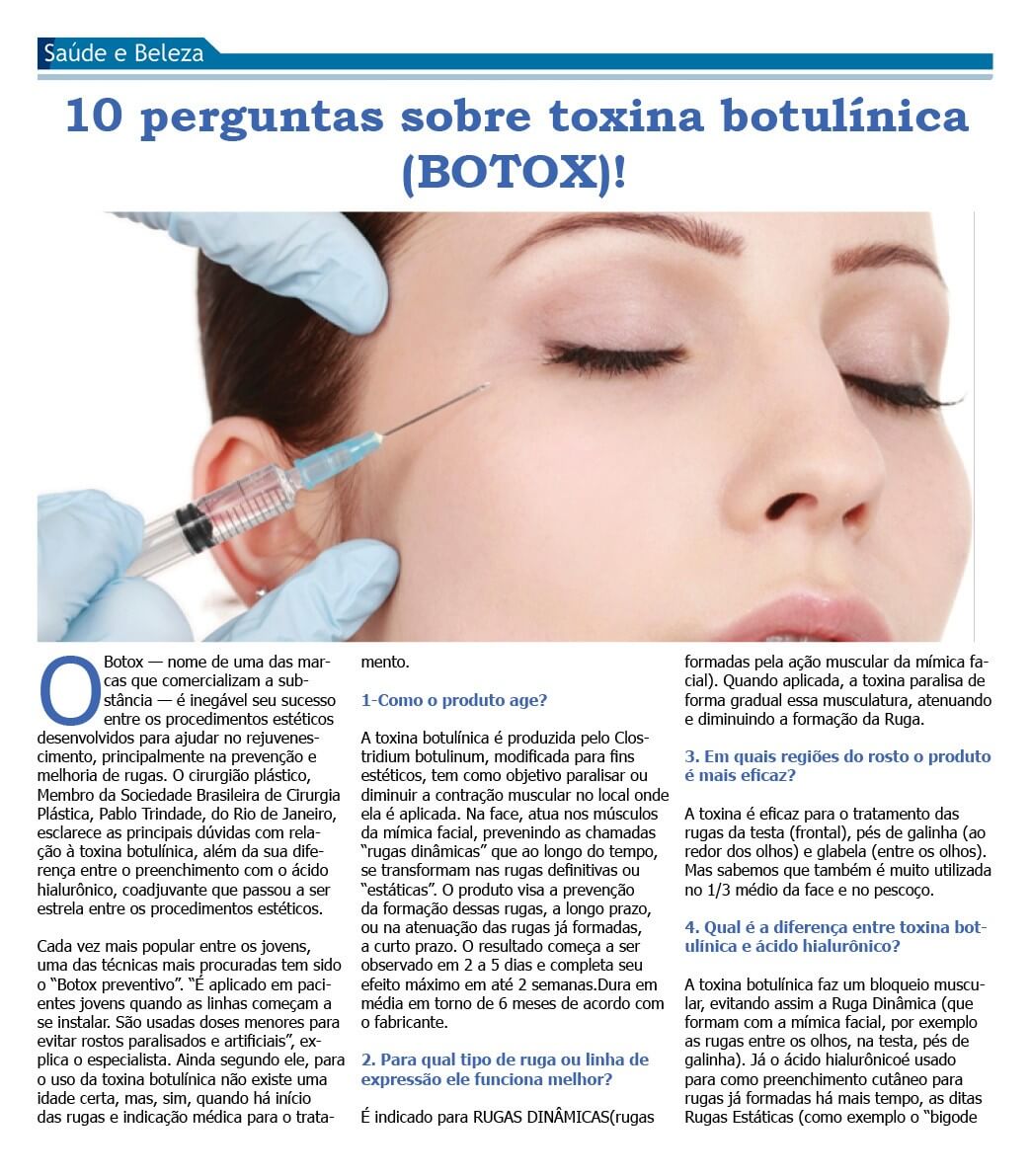 Dr. Pablo Trindade especialista em Ipanema e Duque de Caxias. Matéria sobre toxina botulínica (botox).